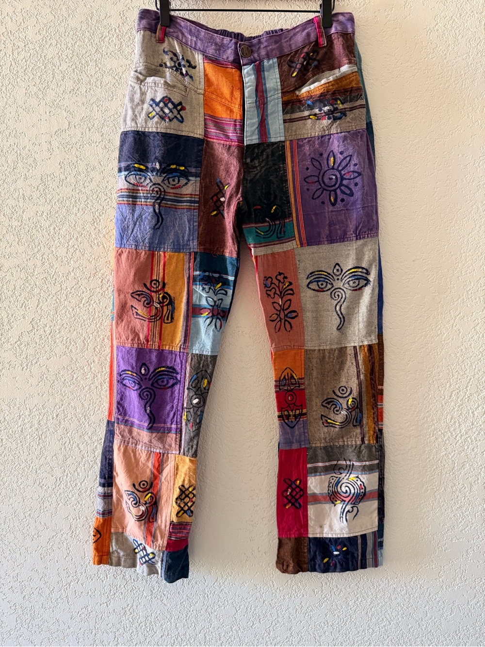 KARMA Nepal Bohemian Artsy Patchwork Hippie Pockets Trouser Pants Womens Sz L/XL